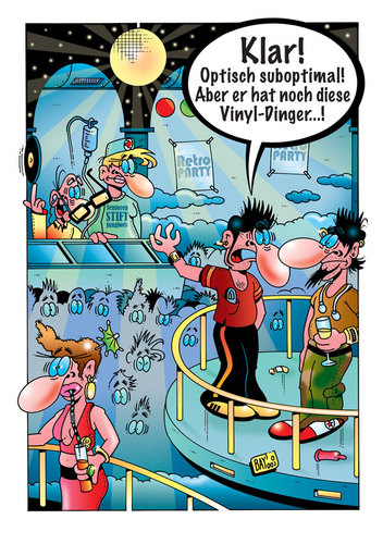 Cartoon: Retro-Party (medium) by stefanbayer tagged dj,club,disco,auflegen,party,feiern,tanzen,musik,senior,seniorenstift,retro,alt,schallplatten,platten,vinyl,freizeit,laut,stefan,bayer,techno,retroparty,gastronomie