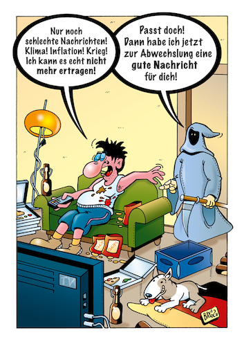 Cartoon: Schlechte Nachrichten (medium) by stefanbayer tagged nachrichten,politik,schlecht,negativ,klima,krieg,inflation,fernseher,sofa,chips,dertod,meckern,weltlage,bay,stefanbayer