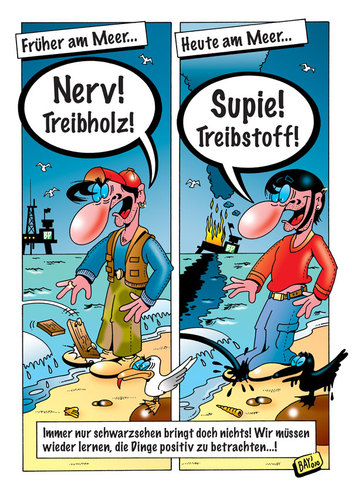 Cartoon: Schwarzsehen bringt doch nichts! (medium) by stefanbayer tagged deepwater,horizon,ozean,öl,pest,ölpest,meer,see,amerika,bp,ölplattform,verschmutzen,treibholz,treibstoff,brennen,ölfilm,möwe,katastrophe,umweltverschmutzung,früher,heute,stefan,bayer