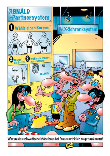 Cartoon: Schwedisches Partnersystem (medium) by stefanbayer tagged ikea,möbel,möbelhaus,partner,system,partnersystem,frau,frauen,mann,männer,korpus,griffe,innenausstattung,beziehung,freundschaft,ehe,zusammenleben,ronald,pax,schrank,schranksystem,schweden,stefan,bayer