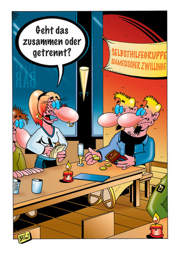 Cartoon: Servicekraft im Fettnäpfchen (medium) by stefanbayer tagged getrennt,zusammen,zwillinge,siamesisch,siamesischezwillinge,theke,servicekraft,kneipe,lounge,bar,geld,bezahlen,schreck,selbsthilfegruppe,stefan,bayer