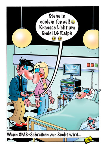 Cartoon: SMS (medium) by stefanbayer tagged sms,short,message,service,smsschreiben,cool,krass,tunnel,licht,smartphone,handy,senden,simsen,krankenhaus,intensivstation,krank,tot,tod,sucht,stefan,bayer,stefanbayer,smiley,lg,tippen,sterben,nahtod