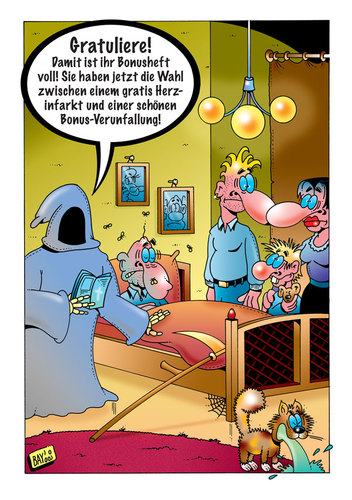 Cartoon: Sparen bis in den Tod! (medium) by stefanbayer tagged leiche,großvater,gratis,herzinfarkt,unfall,verunfallung,tod,tot,sterben,bett,schlafzimmer,sterbezimmer,opa,familie,sense,sensenmann,bonus,bonusheft,sparen,katze,geiz,stefan,bayer