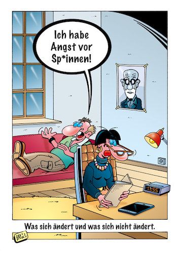 Cartoon: Spinnen (medium) by stefanbayer tagged spinnen,therapie,therapeut,therapeutin,gendern,behandlung,freud,angst,angststörung,sofa,bay,stefanbayer