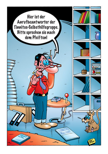 Cartoon: Tinnitus! Was nun? (medium) by stefanbayer tagged tinnitus,ohrgeräusch,rauschen,pfeifen,streß,burnout,job,arbeit,telefonieren,anrufbeantworter,selbsthilfegruppe,krank,krankheit,katze,hilfe,überstunden,anrufen,hektik,stefan,bayer,stefanbayer,infarkt,blutdruck,hörsturz