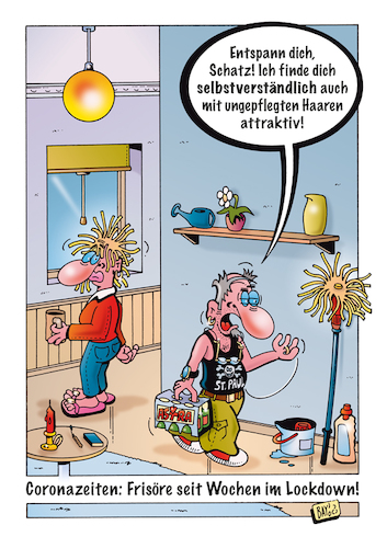 Cartoon: Ungepflegte Haare (medium) by stefanbayer tagged corona,covid,pandemie,friseure,frisöre,wischmop,verwechslung,astra,bier,brille,coronazeit,lockdown,haare,frisur,bay,stefanbayer,männer,frauen,beziehung