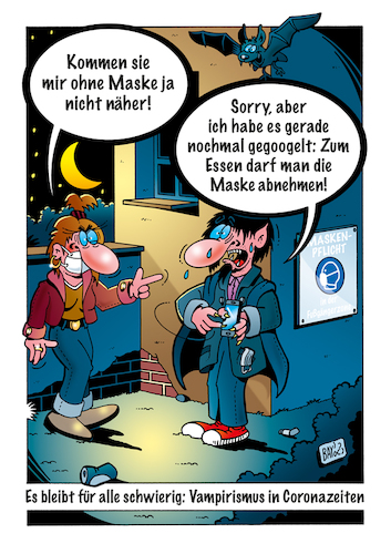 Cartoon: Vampirismus in Coronazeiten (medium) by stefanbayer tagged fledermaus,vampir,vampirismus,blutsauger,dracula,essen,hunger,nacht,corona,coronazeit,covid,pandemie,maske,abstand,googeln,blut,bay,stefanbayer