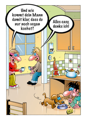 Cartoon: Vegan! (medium) by stefanbayer tagged vegan,veganer,vegetarier,essen,ernährung,mensch,tier,hund,hasso,frau,mann,küche,fleisch,easy,kochen,bay,bayer,stefanbayer