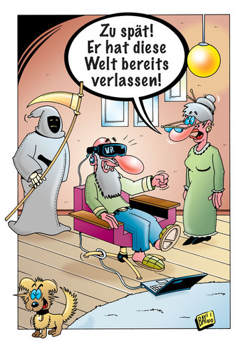 Cartoon: Virtual-Reality-Brille (medium) by stefanbayer tagged reality,virtual,vr,virtualreality,brille,vrbrille,virtualrealitybrille,tot,tod,sterben,abholen,spät,verlassen,welt,digital,computer,pad,smartphone,flucht,fortschritt,hund,stefan,bayer,stefanbayer,bay