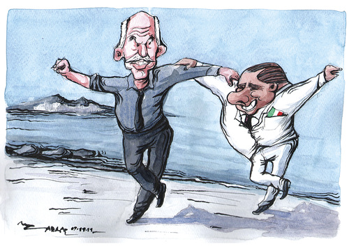 Cartoon: Go Greek (medium) by Tchavdar tagged sirtaki,zorba,berlusconi,papandreou,crisis,greek,euro