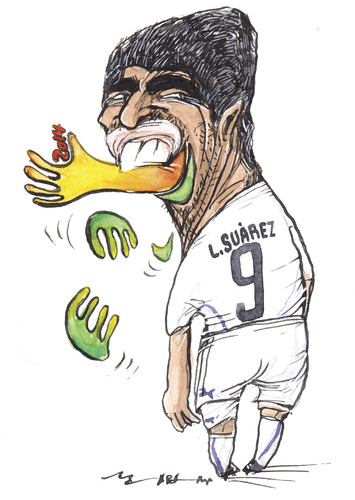 Cartoon: l.suarez (medium) by Tchavdar tagged suarez,bite,cannibal,football,chiellini,dracula,uruguay