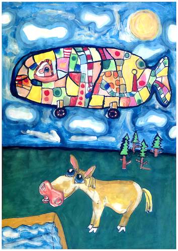 Cartoon: Luftschiff landet bei Moppie (medium) by FMWalter tagged parakunst,parasemasiologie,farbenharmonie,kreativität,illustration,tiermalerei,flugzeuge,luftschiff,graf,zeppelin