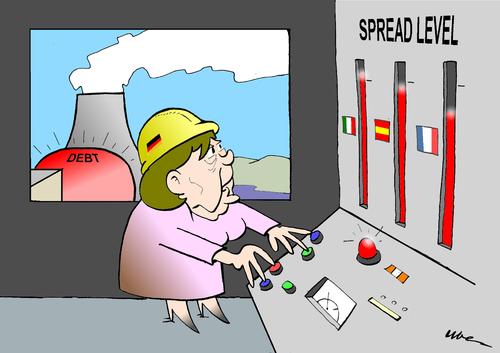 Cartoon: MELTDOWN DANGER (medium) by uber tagged merkel,eu,euro,spread,debt,germany,politics,merkel,schulden,deutschland,eu,europa,frankreich,italien