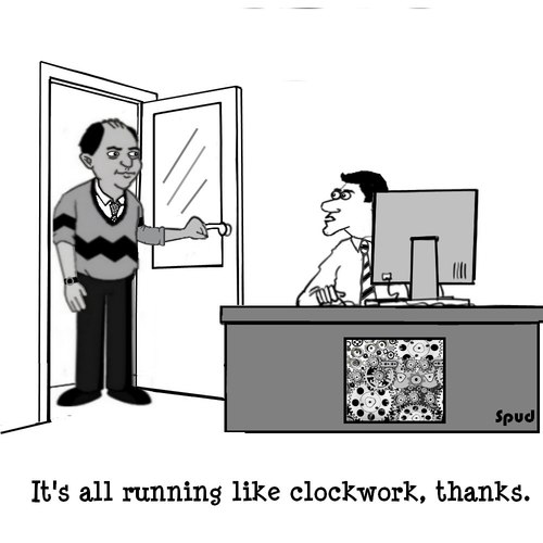 Cartoon: Clockwork (medium) by cartoonsbyspud tagged cartoon,spud,hr,recruitment,office,life,outsourced,marketing,it,finance,business,paul,taylor