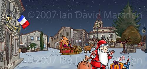 Cartoon: Santa Claus in France (medium) by ian david marsden tagged christmas,xmas,santa,claus,rudolph,presents,,weihnachten,weihnachtsmann,rudolf,rentier,geschenke,stadt