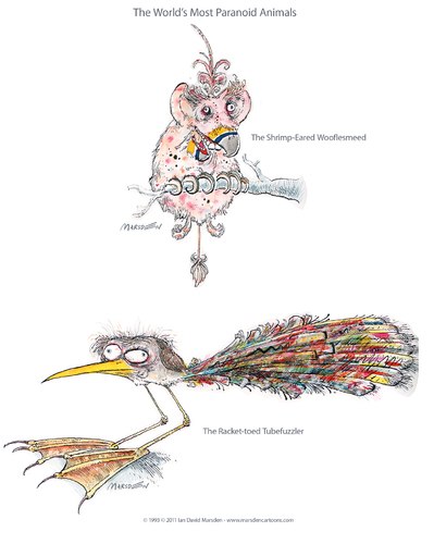 Cartoon: The Worlds Most Paranoid Animals (medium) by ian david marsden tagged dweedbonglers,droomdarglers,shnoozefanglers,animals,zoology,paranoid,interesting,zoo,tiere,exotisch,vogel,vögel