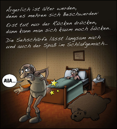 Cartoon: Ärgerlich ist ältere werden... (medium) by Miguelez tagged sehschärfe,bücken,schlafen,rücken,beschwerden,schmerzen,opa,oma,alter