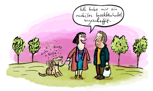 Cartoon: Mobiles Insektenhotel (medium) by habild tagged insekten,flöhe,hund,gassi,tierhaltung