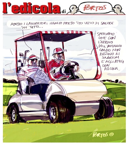 Cartoon: edicola (medium) by portos tagged lavoratori,tetti,crisi,autunno,caldo