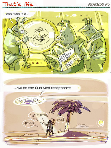 Cartoon: that s life (medium) by portos tagged ufo,club,med,desert,island,casteway