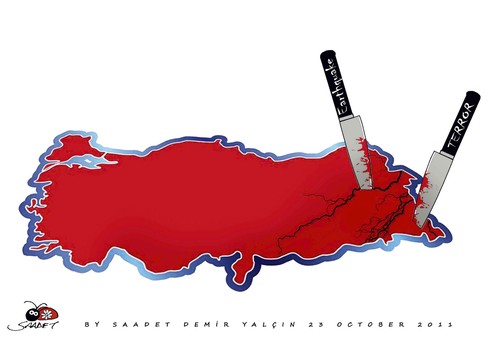 Cartoon: Terrorism and Earthquake (medium) by saadet demir yalcin tagged saadet,sdy,terrorism,earthquake