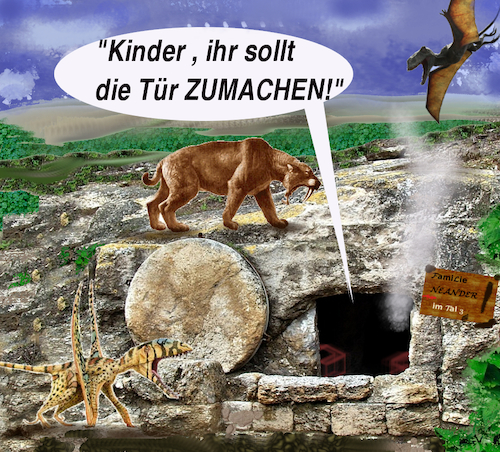 Cartoon: erziehung vor ca. 200 milionen (medium) by wheelman tagged steinzeit,erziehung,wohnen,tür,kinder,familie
