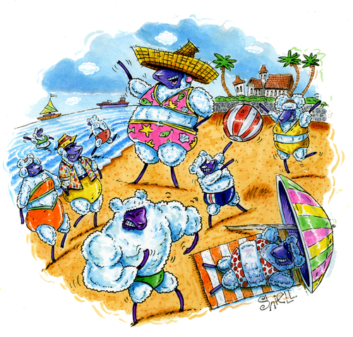 Cartoon: Sheep Beach (medium) by mikess tagged sheep,sheppard,beach,flock,swimming,baaaathing,suits,water,ocean,sand,sun,tanning,baa,muscle,boats,sail,sailing,hat