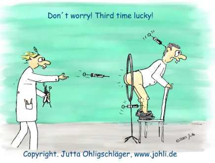 Cartoon: Third time lucky (medium) by Johli tagged gesundheit,medizin,arzt,patient,dart,spritze,injektion,