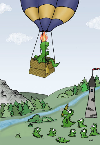 Cartoon: Ich bin dann mal weg (medium) by katelein tagged reise,kate,katelein,verreisen,aufbruch,journey,travel,drache,dragon,balloon,hotair,heißluftballon