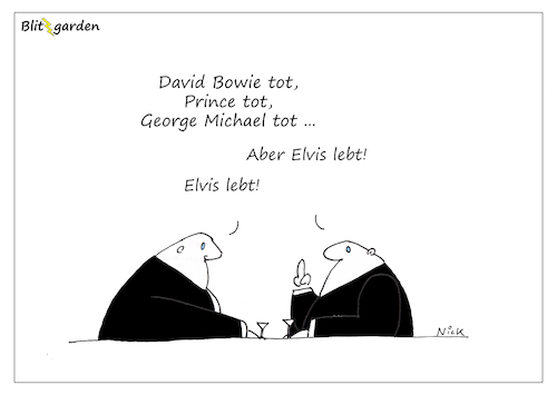 Cartoon: Elvis lebt! (medium) by Oliver Kock tagged elvis,pop,david,bowie,george,michael,tod,leben,stars,musik,cartoon,nick,blitzgarden