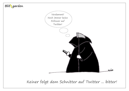 Cartoon: Schnitter auf Twitter (medium) by Oliver Kock tagged tod,twitter,follower,social,media,vertrauen,trust,cartoon,nick,blitzgarden
