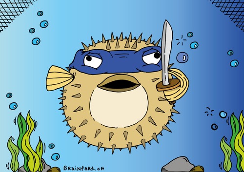 Cartoon: FUGU Ninja (medium) by BRAINFART tagged fish,comic,cartoon,character,funny,fun,art,lustig,humor,tier,animal,water,ninja,samurai