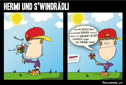 Cartoon: Hermi und das Windrädchen (medium) by BRAINFART tagged zeichnung,verarschen,spielzeug,wind,lustig,character,cartoon,hermi,comic