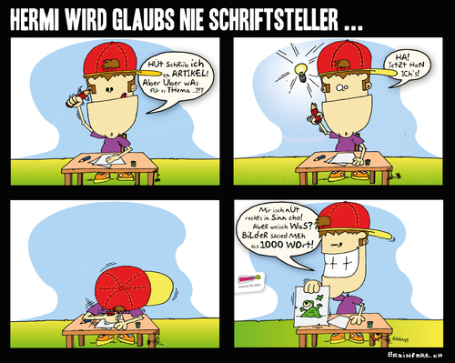 Cartoon: Hermi wird wohl kein Hemingway (medium) by BRAINFART tagged schreiben,comic,cartoon,character,hermi,fun,funny,humor,lustig,witzig,spass,lachen,idee,toonpool,comicstrip,geschichte,schriftsteller,zeichnen