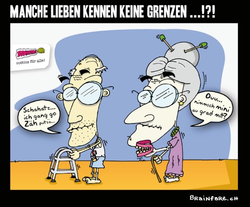 Cartoon: Liebe kennt keine Grenzen (medium) by BRAINFART tagged omi,comic,cartoon,character,brainfart,humor,lustig,witzig,spass,zähne,alter,grossmutter,grossvater,art,lachen,facebook,toonpool