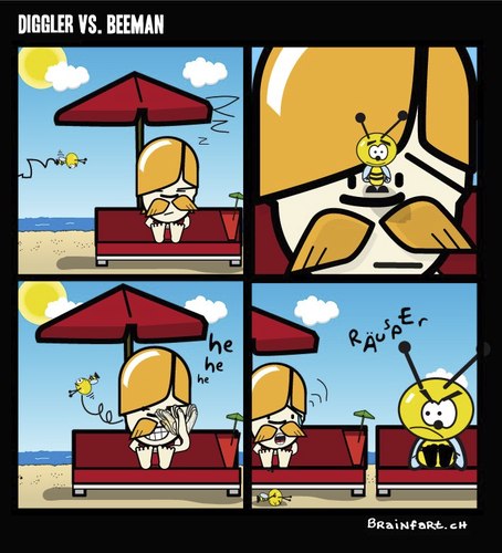 Cartoon: Nuub Diggler vs. Beeman (medium) by BRAINFART tagged comic,cartoon,character,nuub,beach,fun,humor,art,brainfart,toon,lustig,witzig