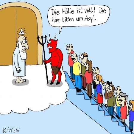 Cartoon: Asyl (medium) by KAYSN tagged himmel,hölle,asyl,gott,teufel