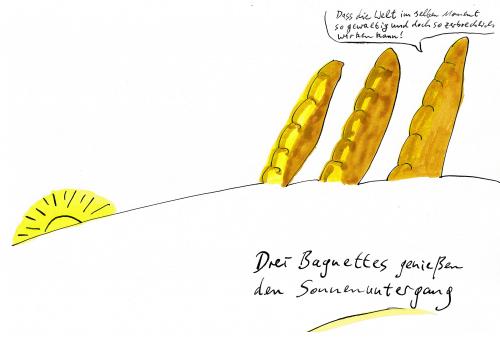 Cartoon: Drei Baguettes (medium) by Tobias Wolff tagged drei,baguette,baguettes,sonne,sonnenuntergang,welt,gewaltig,zerbrechlich