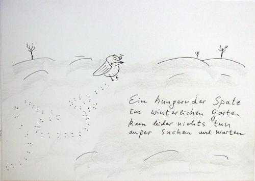Cartoon: Spatz im Winter (medium) by Tobias Wolff tagged spatz,vogel,dick,essen,futter,suchen,warten,winter,hunger,schnee,gedicht