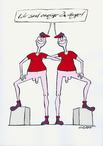 Cartoon: Eineiige Zwillinge (medium) by sobecartoons tagged naturlaune,ausfälle,geschwister,zusammenhalt,gendefekt,stolz,gebeutelt,eideutig,verlust