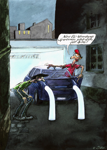 Cartoon: EU-Verordnung (medium) by sobecartoons tagged auto,eu,sicherheit,blödsinn,beamtenwillkür,technik,vorschrift,erlass,gesetz,idee,sicht,umrüstung,schwachsinn,gängelung,bürgerfeindlich