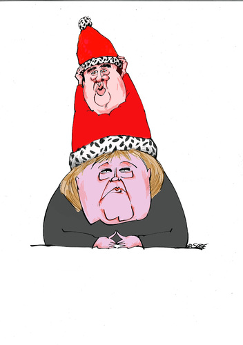 Cartoon: Schöne Bescherung (medium) by sobecartoons tagged politik,kanzlerin,vizekanzler,weihnachten,koalition,mütze,kopflastig,passt,hauptstadt,liebesbeziehung,zwergenoutfit