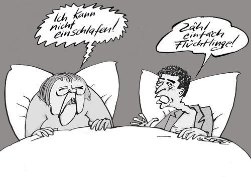 Cartoon: Schlafstörung (medium) by sobecartoons tagged merkel,flüchtlinge,angst,zuspruch,eheprobleme,gesprächsstoff,mathematik,guter,rat,merkel,flüchtlinge,angst,zuspruch,eheprobleme,gesprächsstoff,mathematik,guter,rat