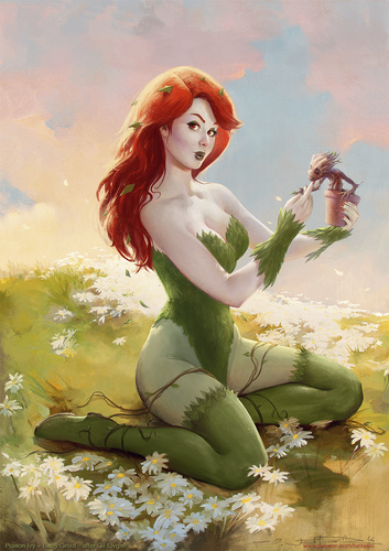 Cartoon: Poison Ivy  Baby Groot Elvgren (medium) by fantasio tagged poison,ivy,marvel,gotg,groot,illustration,pinup,elvgren,vintage,crossover,mashup