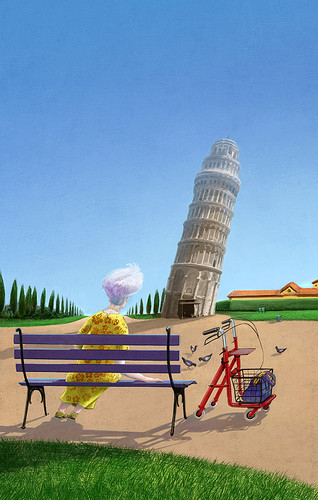 Cartoon: Reisen mit Mama (medium) by fantasio tagged parkbank,touristen,belletristik,buchcover,editorial,illustration,sehenswürdigkeit,himmelblau,italien,pisa,senioren,oma,rollator,reisen