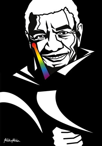 Cartoon: Jack DeJohnette (medium) by Atilla Atala tagged jazz,portrait,rainbow,drums,piano,percussion,melodica,drummer,pianist,composer