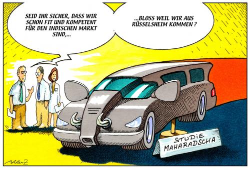 Cartoon: Automobilbau in Indien (medium) by Pohlenz tagged indien,industrie,automobilbau,stahl,export,import,markt,wirtschaft,kompetenz,design,rüsselheim,konkurrenz,auswanderung