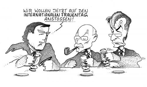 Cartoon: Frauentag (medium) by Pohlenz tagged schröder,struck,münte,spd,,frauentag,gerhard,schröder,peter,struck,franz,müntefering,anstossen,alkohol,frauen,toast,prost,spd,bar,kneipe,männerrunde,runde,trinken,international,franz müntefering,gerhard schröder