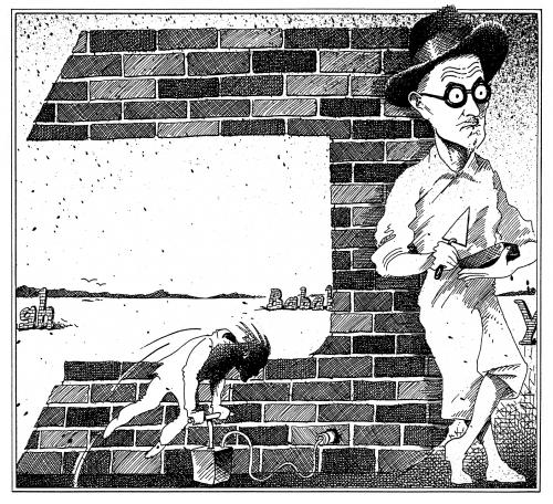 Cartoon: James Joyce (medium) by Pohlenz tagged literature,books,author,ireland,dublin,james,joyce,berühmtheit,buchstabe,abc,berühmt,autor,backsteine,schrifsteller,irland,brille,hut,dublin,bücher,schreiben,künstler,mauer,pumpen,aufpumpen,mann,portrait,karikatur