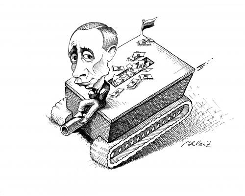 Cartoon: Putin (medium) by Pohlenz tagged russia,president,russian,russland,russland,präsident,ministerpräsident,politiker,wladimir,putin,russe,panzer,wahlurne,wahl,fahren,wahlen,stimmzettel,macht,wladimir putin